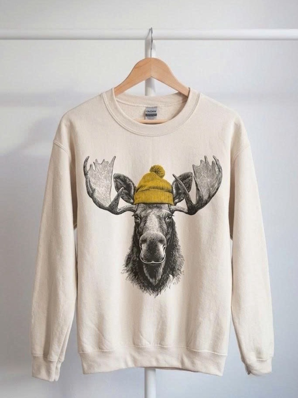 Cozy Moose in Beanie Graphic Sweatshirt Rustic Cabin Crewneck Pullover